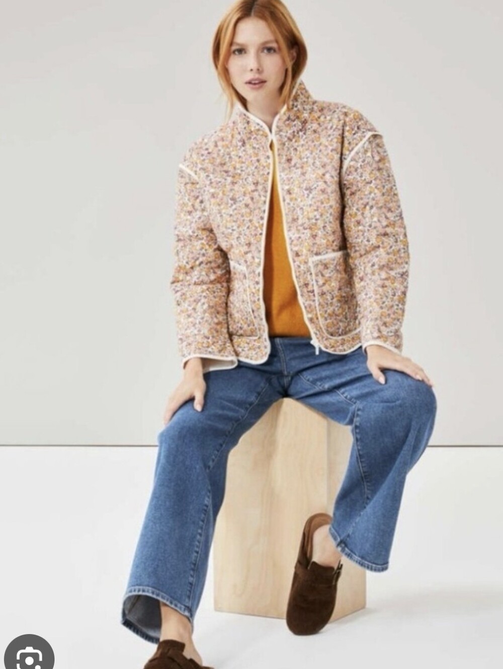 Quilted Floral Puffer Jacket in Cream and Mustard